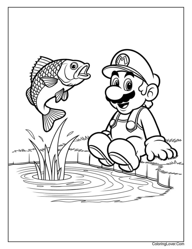 Mario sitting by pond with jumping fish