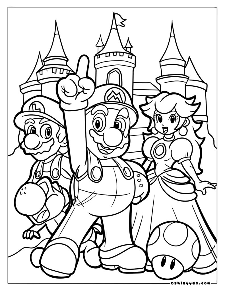Mario, Luigi, and Peach in front of castle