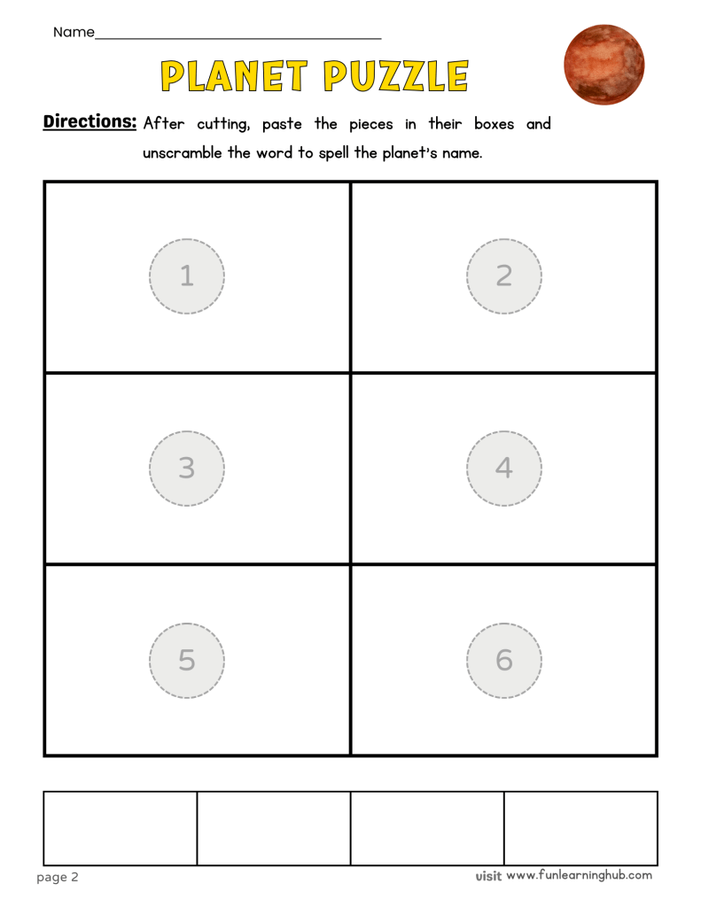 Planet puzzle worksheet with six numbered boxes
