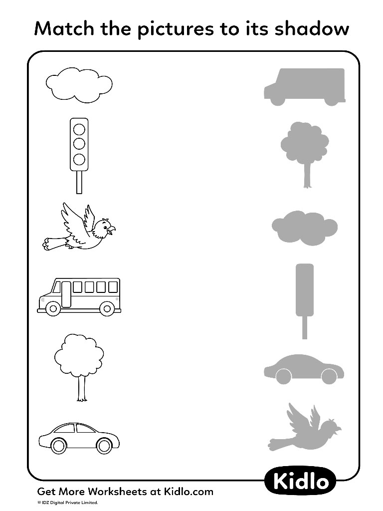 Shadow matching worksheet with pictures and gray silhouettes