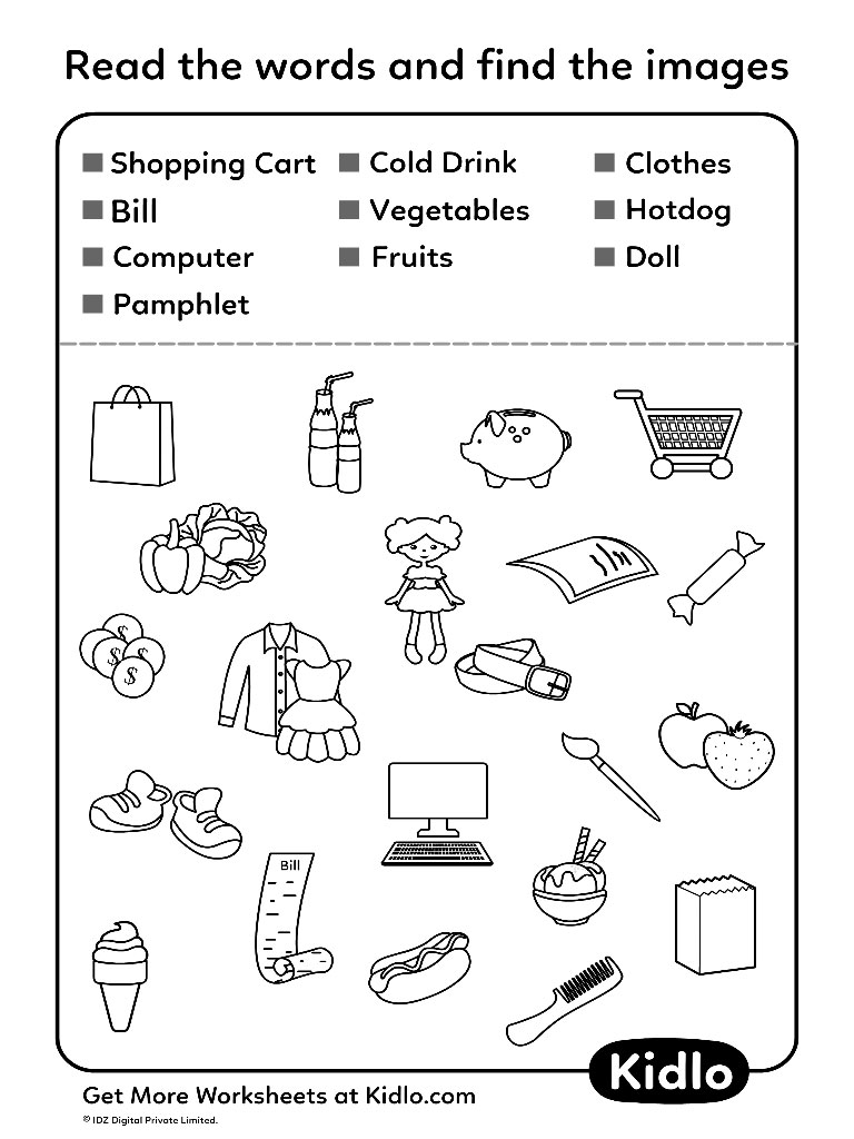 Worksheet with words and matching object drawings