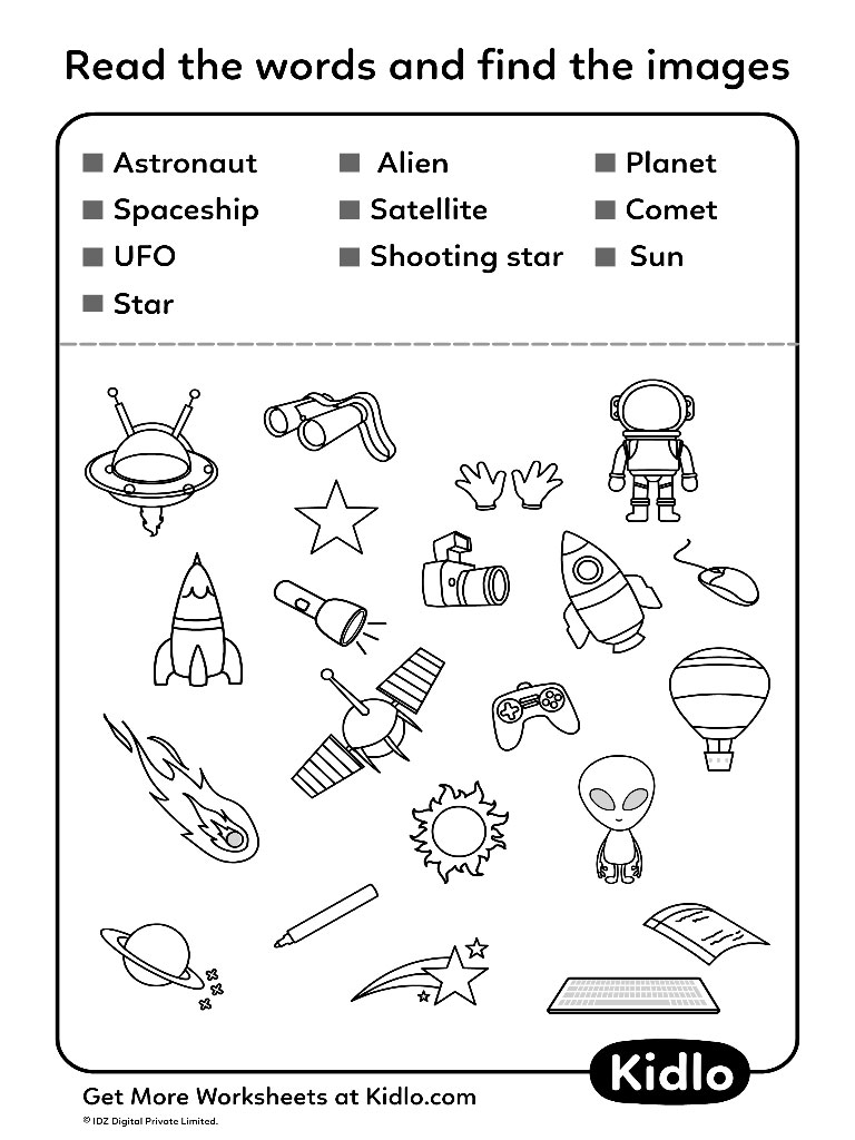 Space-themed worksheet with labeled object icons and drawings