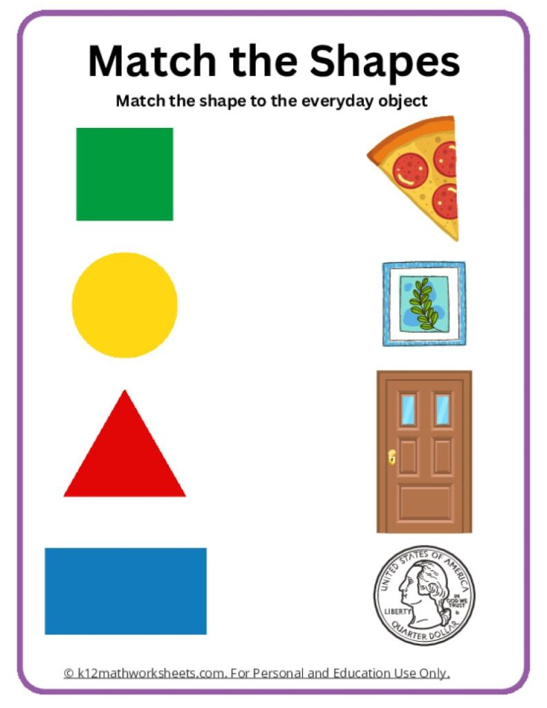 Shape matching worksheet with colored shapes and objects