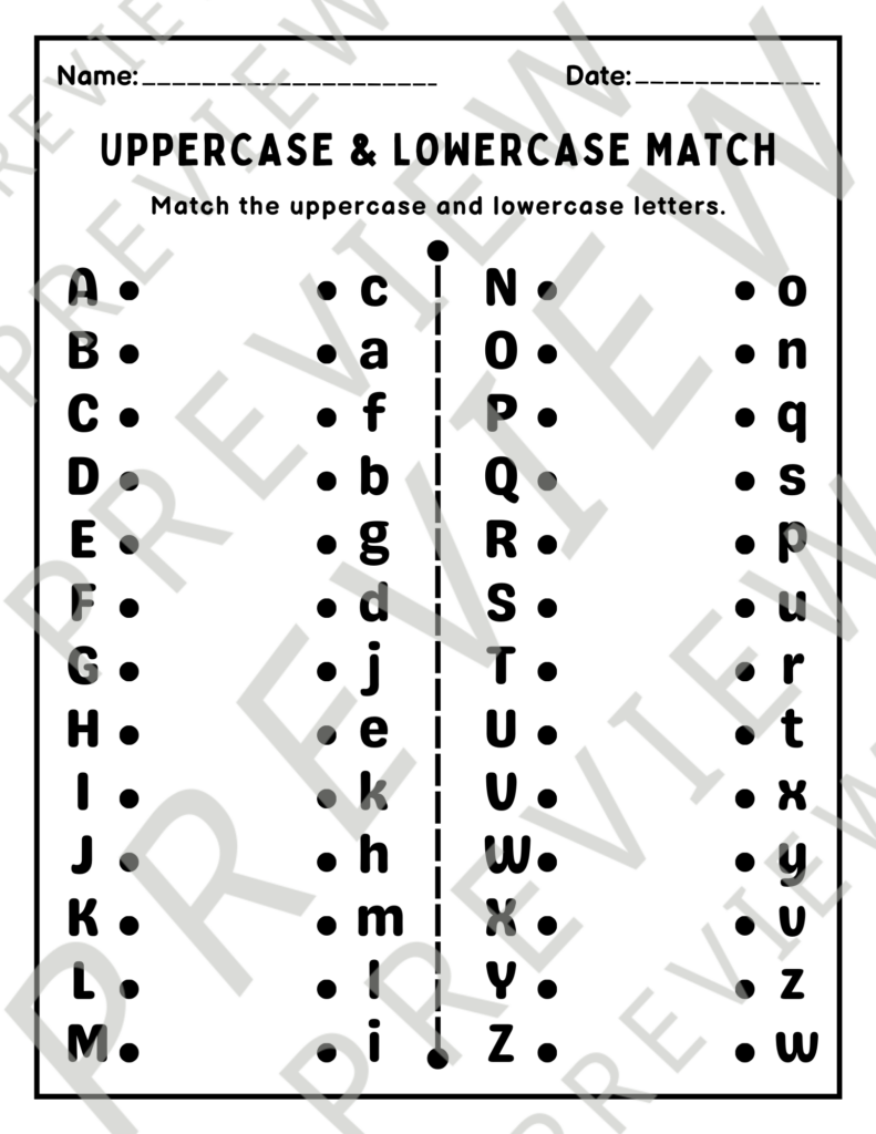 Uppercase and lowercase matching worksheet with alphabet letters