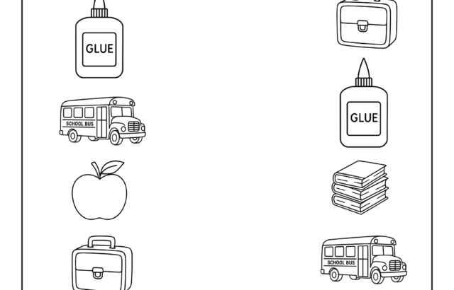 Black-and-white matching worksheet with school items and name line