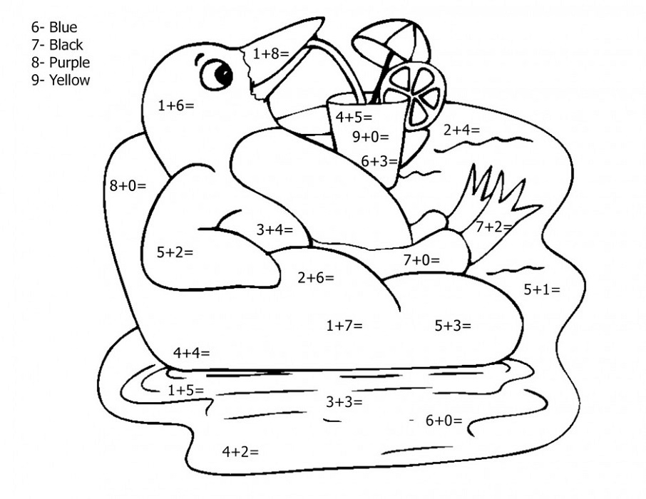 Cartoon bird coloring worksheet with math problems and fruit