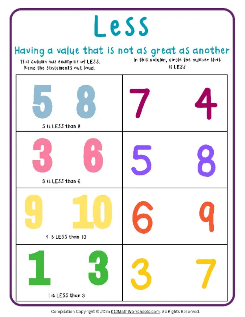 Colorful greater-than-less-than numbers worksheet page