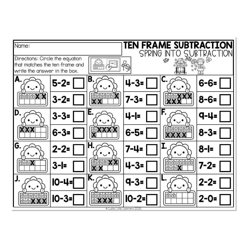 Spring-themed ten frame subtraction worksheet with equations