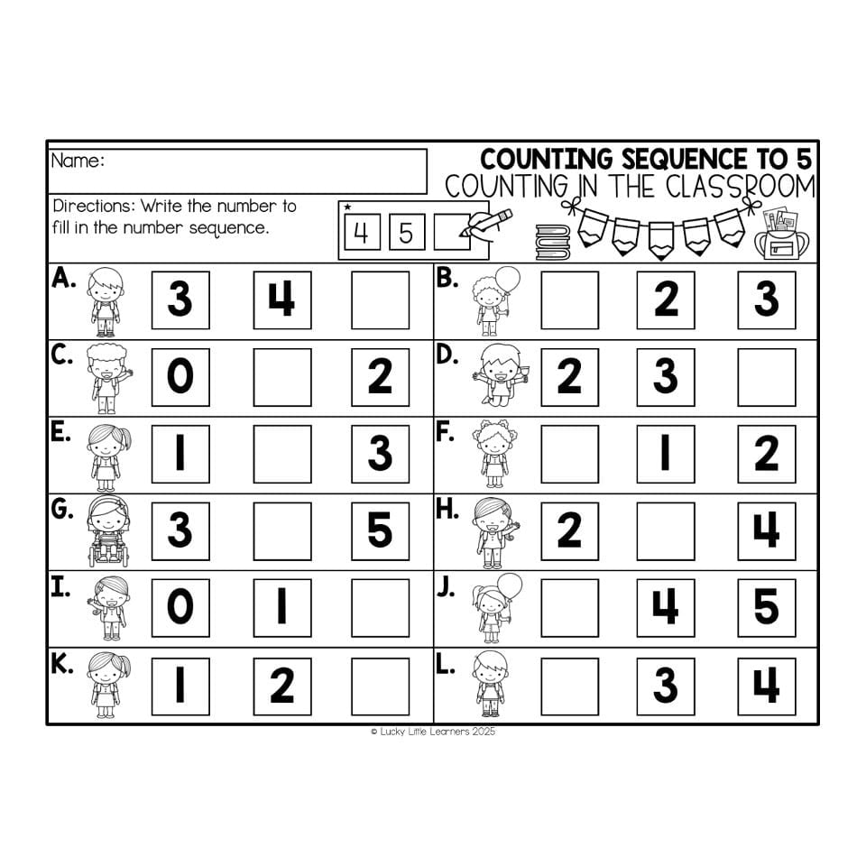 Printable counting sequence worksheet with children illustrations