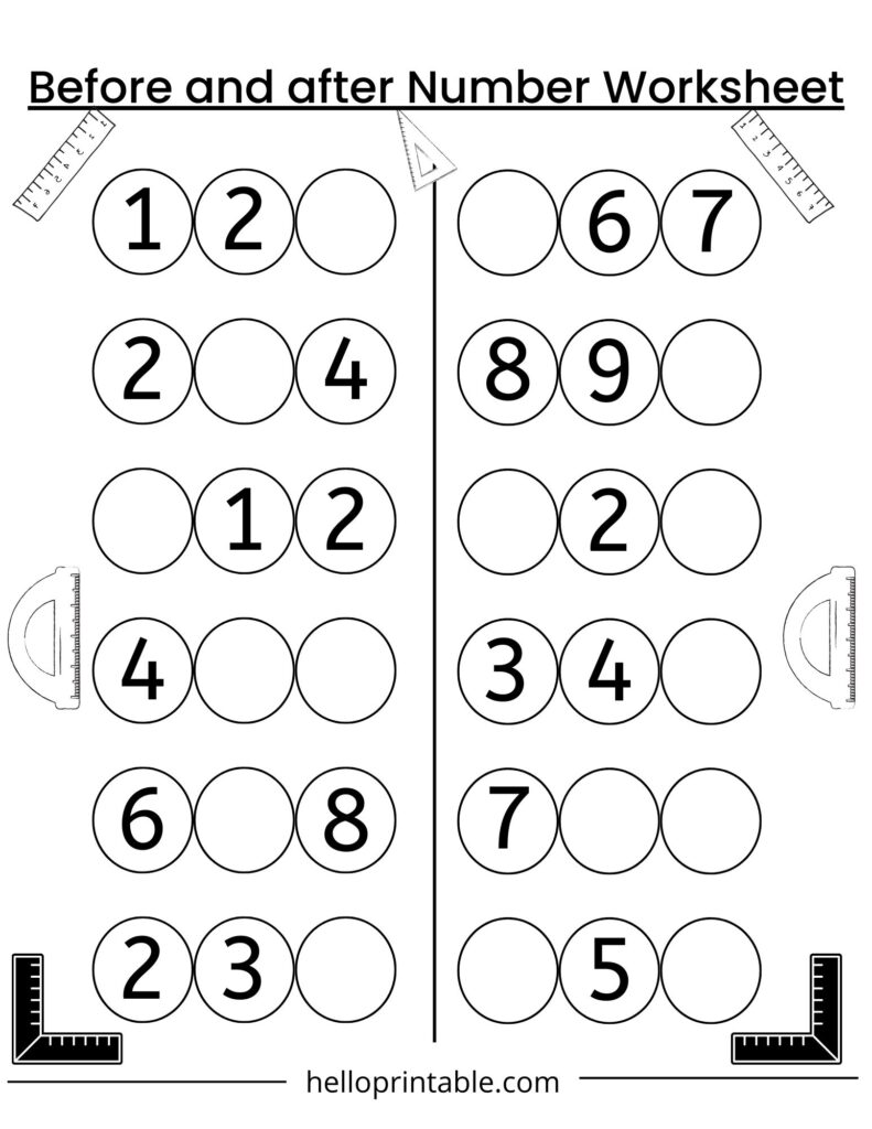 Before and after number worksheet with empty circles