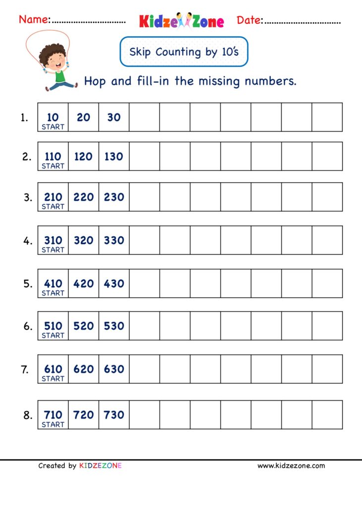 Skip-counting worksheet with numbered boxes and cartoon jumper