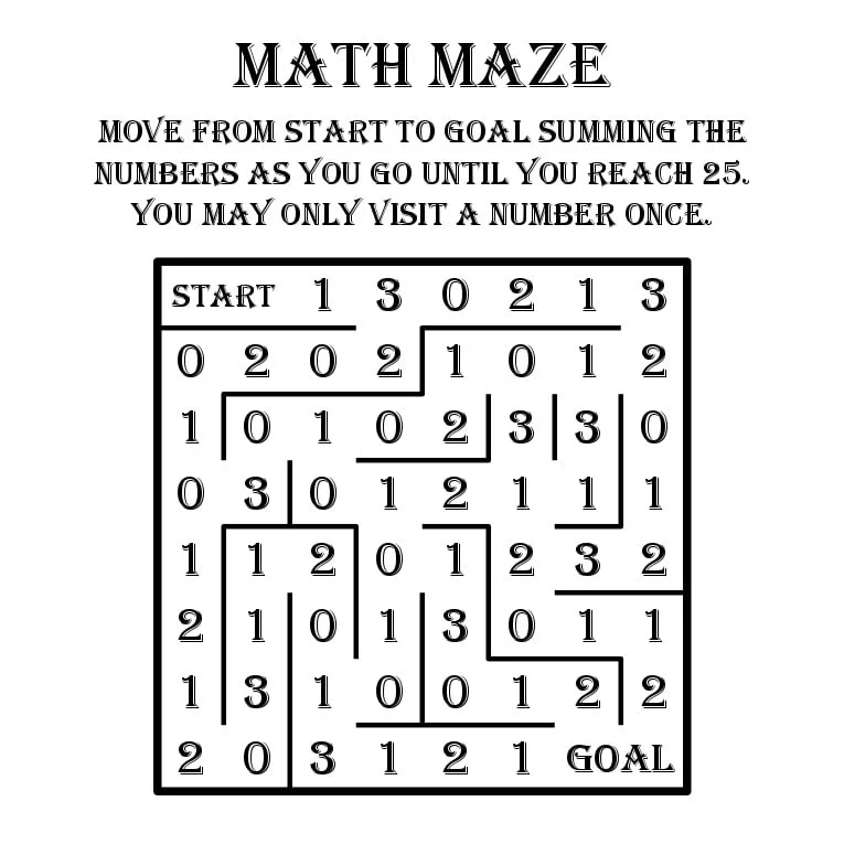 Math maze worksheet with start and goal numbers