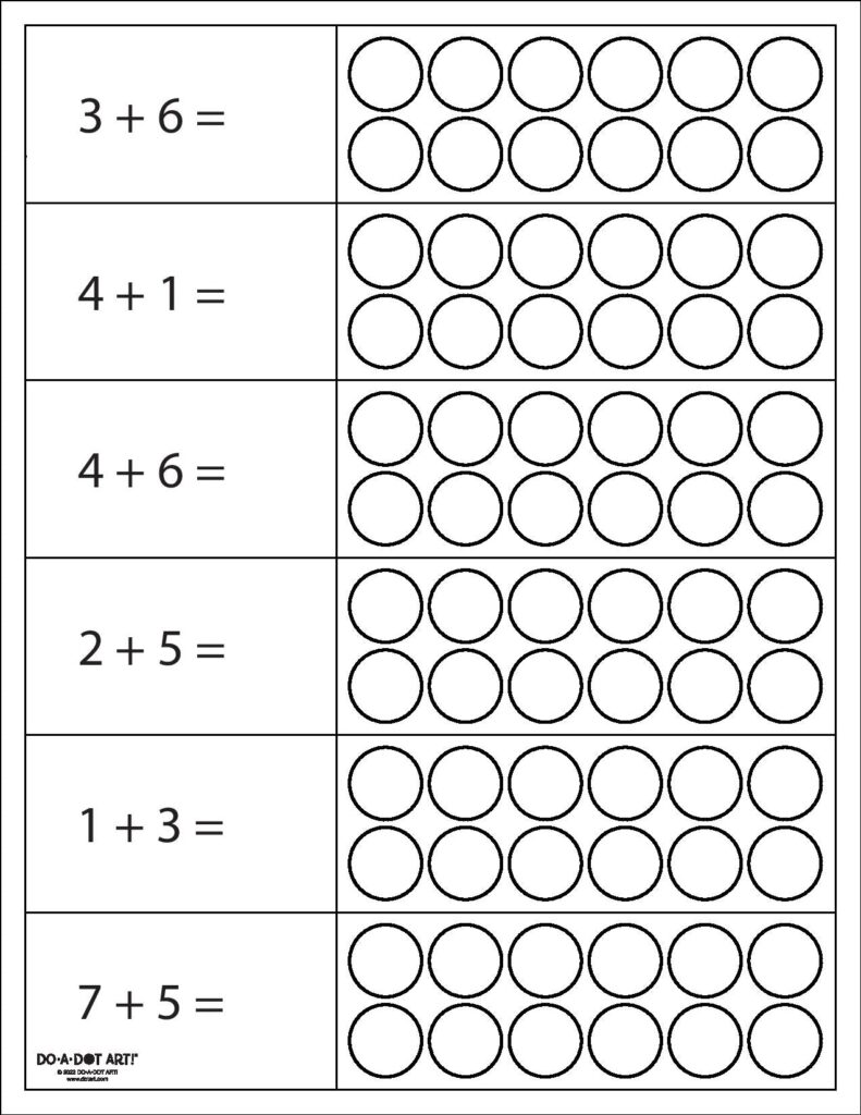 Addition worksheet with blank dot circles beside equations