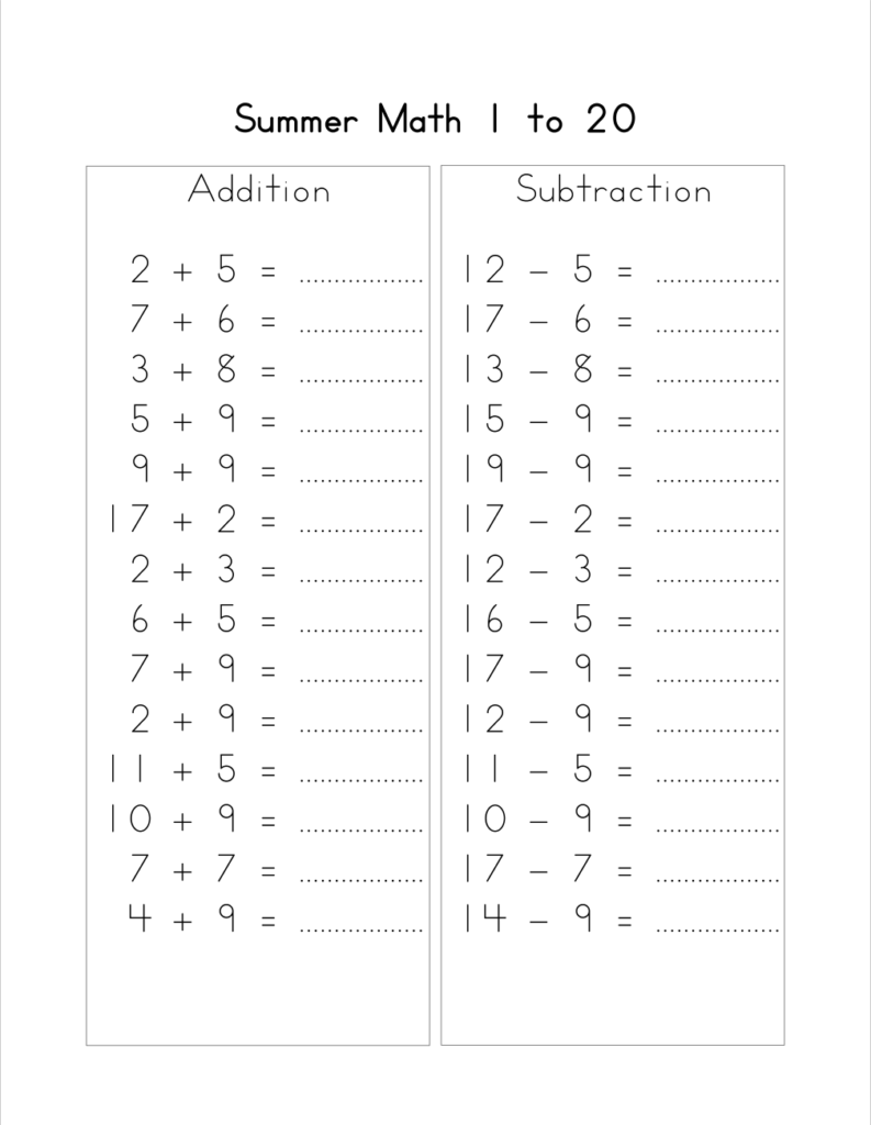 Two-column math worksheet labeled Summer Math 1 to 20