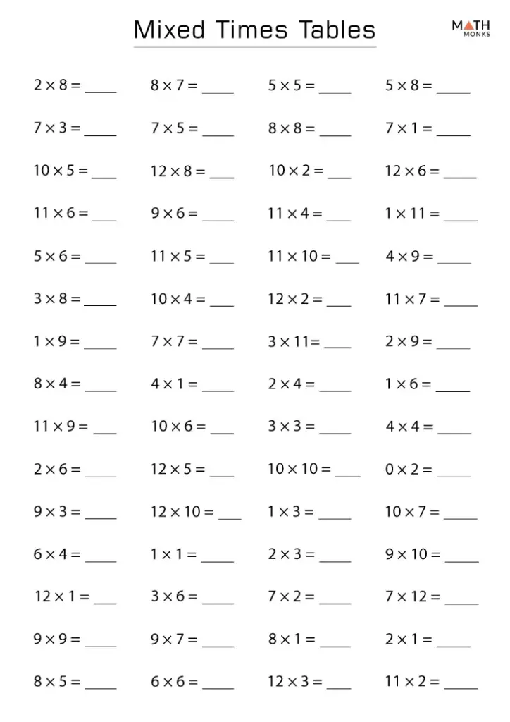 Mixed times tables worksheet with blank answer lines