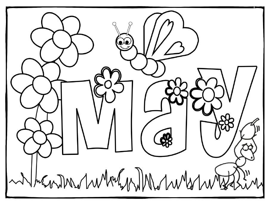 May coloring page with flowers, butterfly, and ant