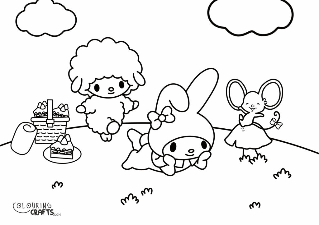 Three cartoon characters with picnic baskets and cake outdoors