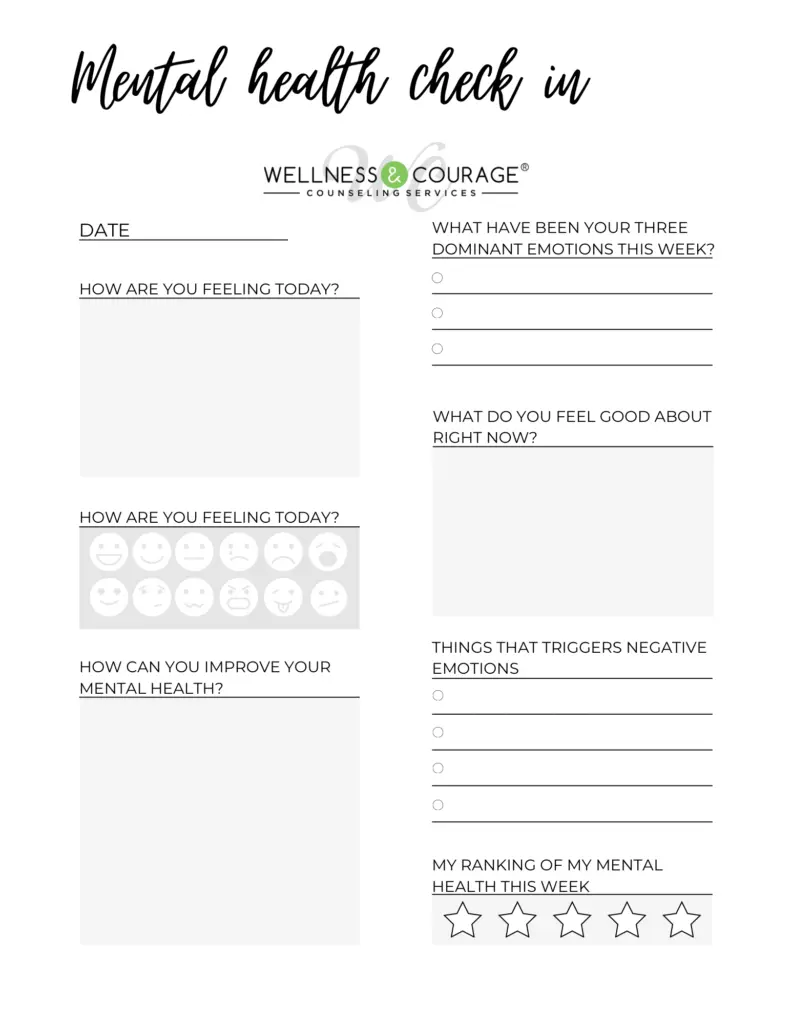 Mental health check-in worksheet with prompts and icons