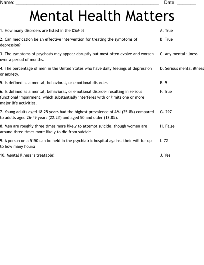 Mental Health Matters worksheet with questions and answers