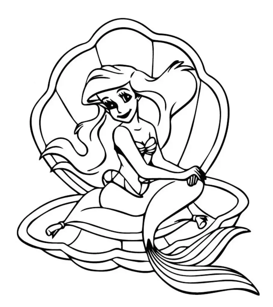 Black-and-white mermaid coloring page with seashell throne