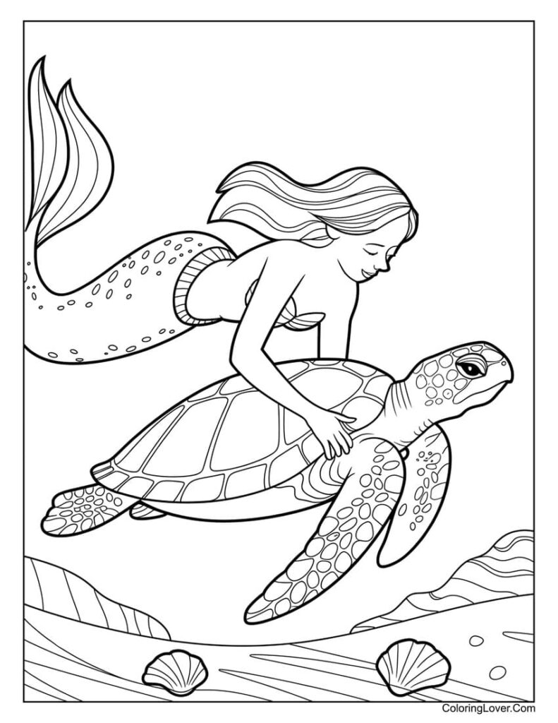 Mermaid riding a sea turtle underwater coloring page