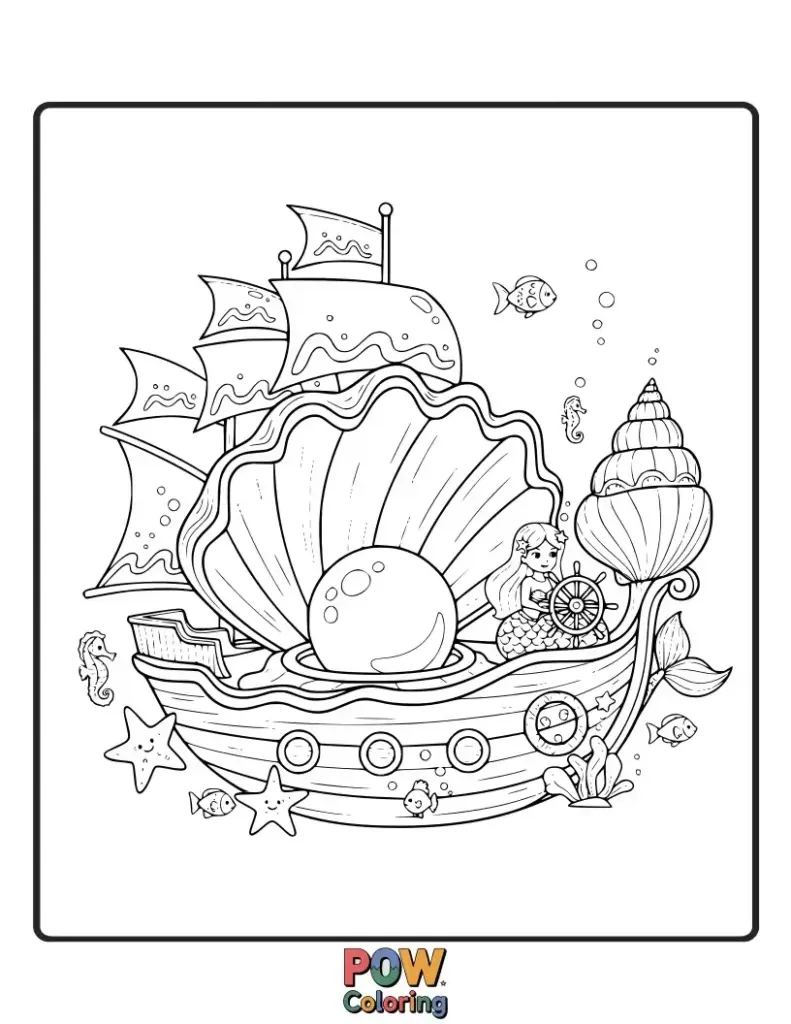 Cartoon pirate ship shaped like a seashell underwater