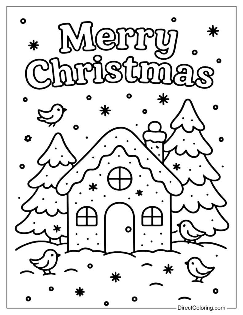 Merry Christmas coloring page with snowy house and birds