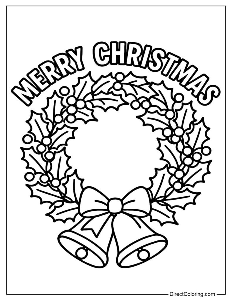 Merry Christmas wreath with bells and holly coloring page