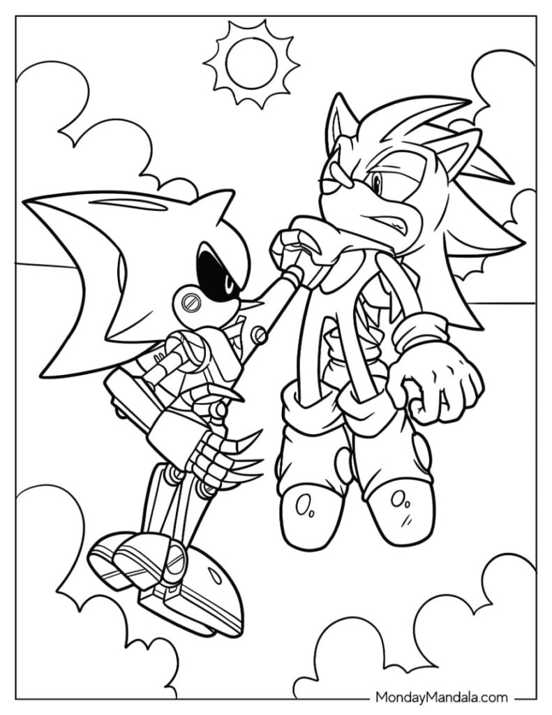 Black-and-white Sonic and Silver coloring page scene
