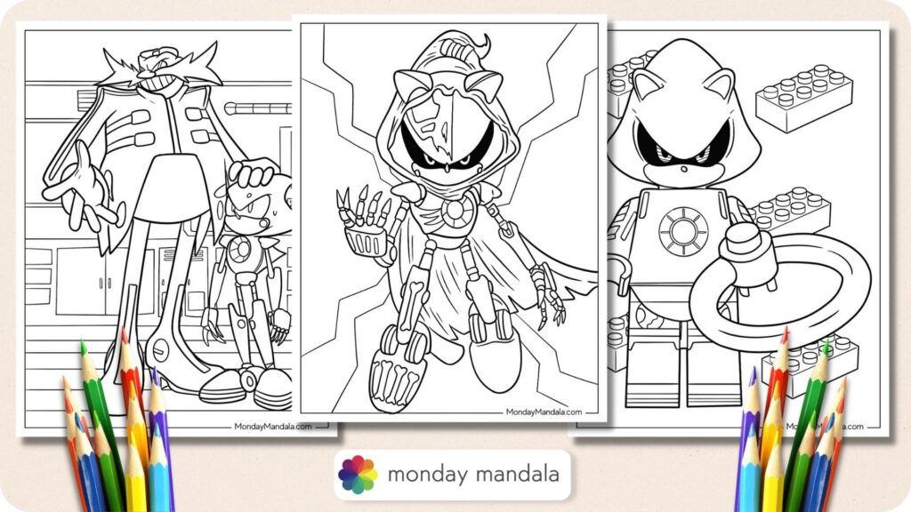 Three black-and-white robot coloring pages with colored pencils
