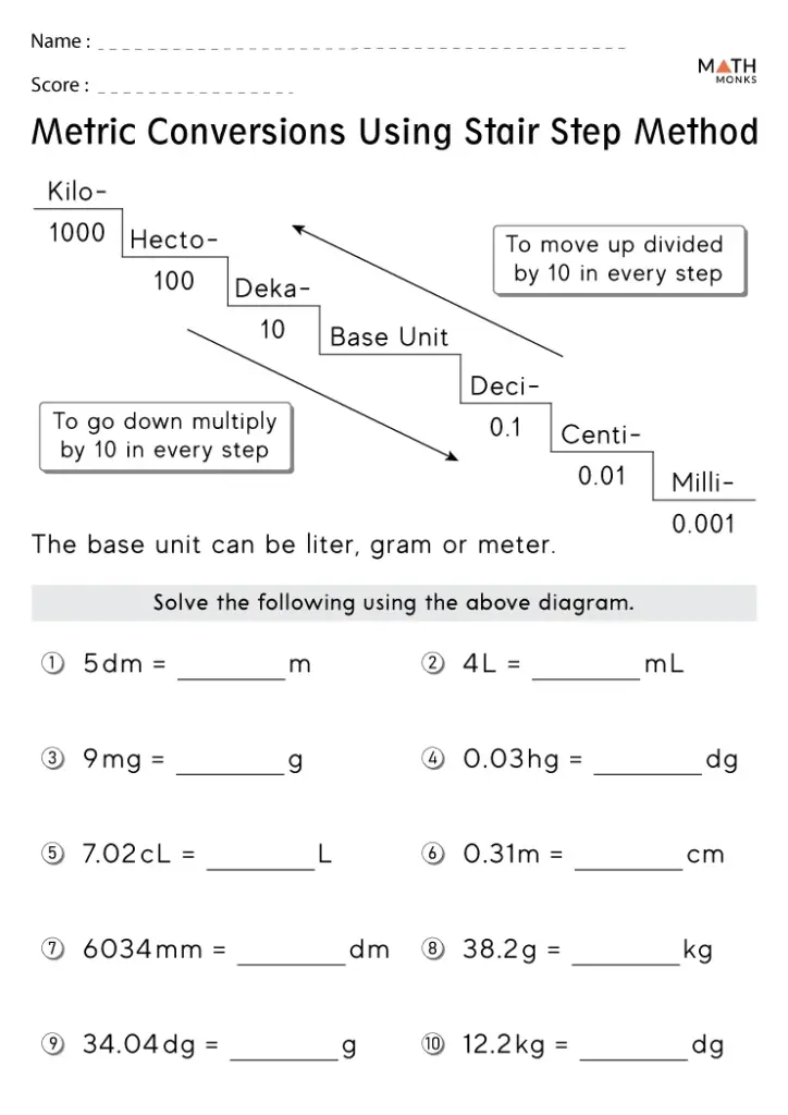 Metric conversions worksheet with staircase diagram and problems