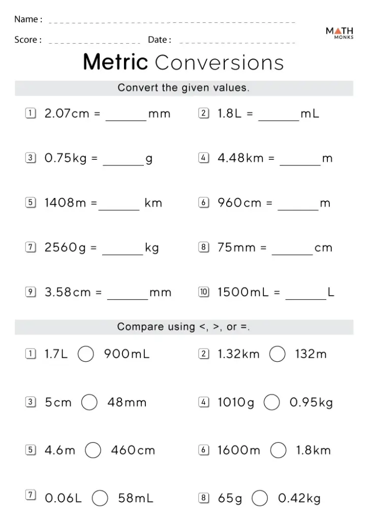 Metric conversions worksheet with handwritten blanks and comparisons