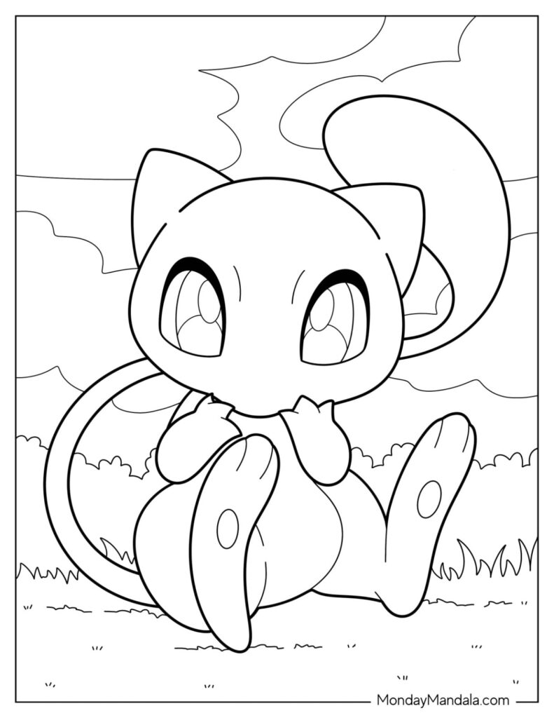 Cute cartoon cat coloring page outdoors with clouds