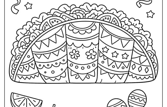 Cinco de Mayo taco coloring page with maracas