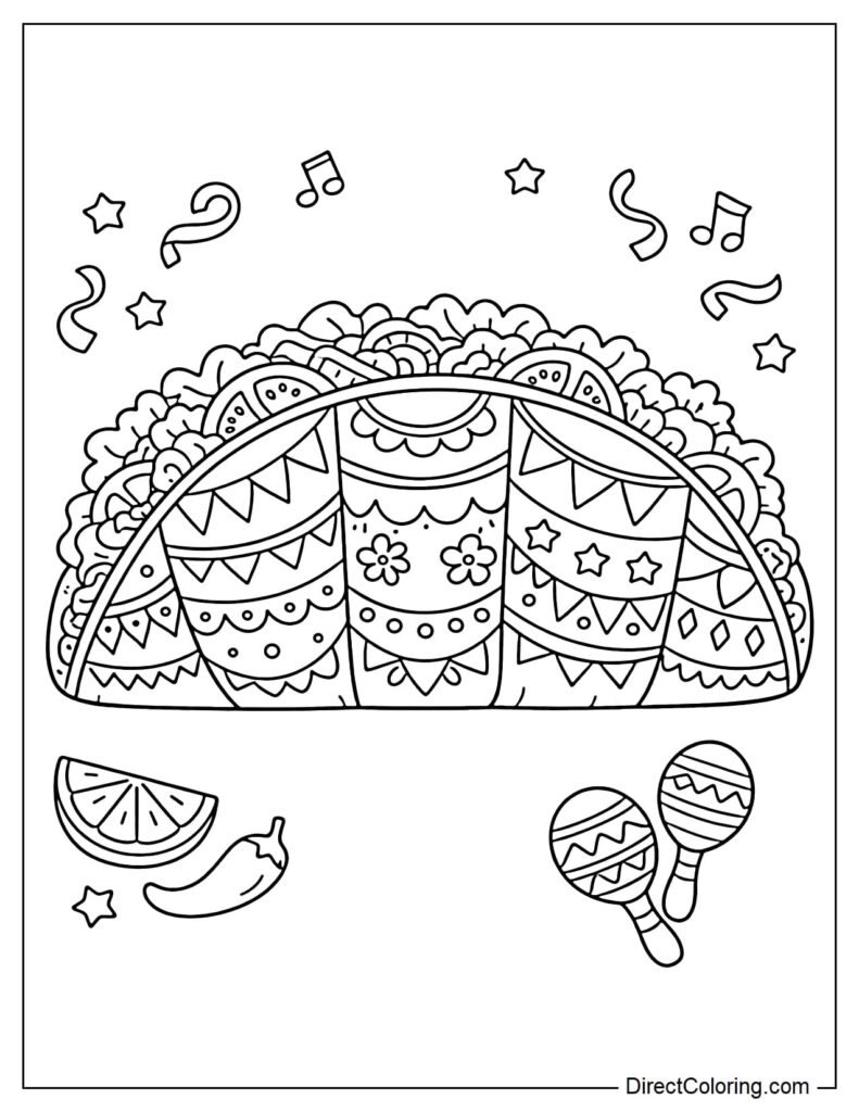 Cinco de Mayo taco coloring page with maracas