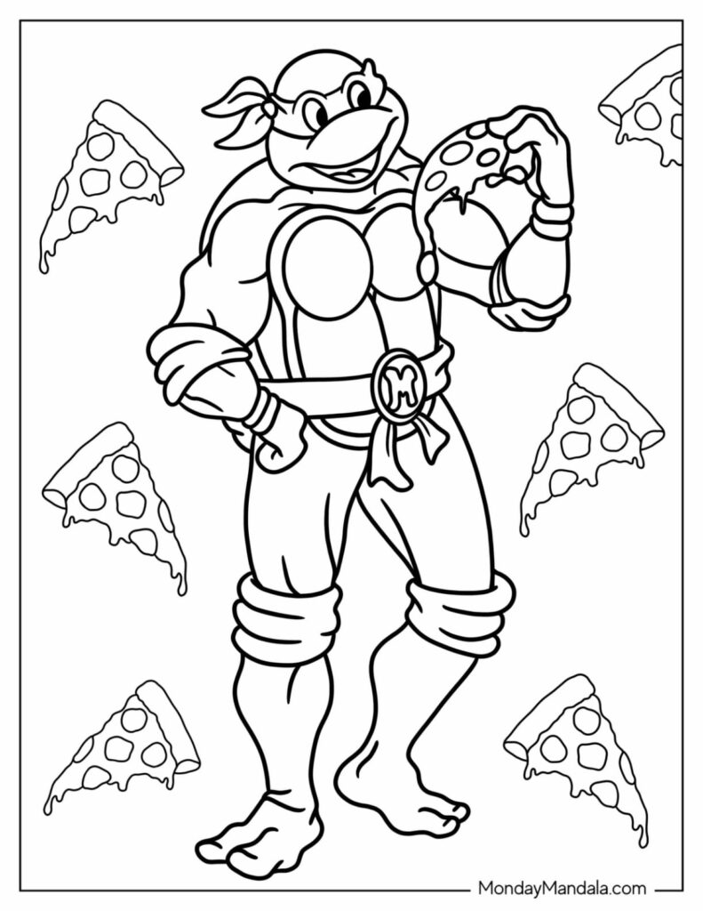 Cartoon ninja turtle holding pizza slices, coloring page outline