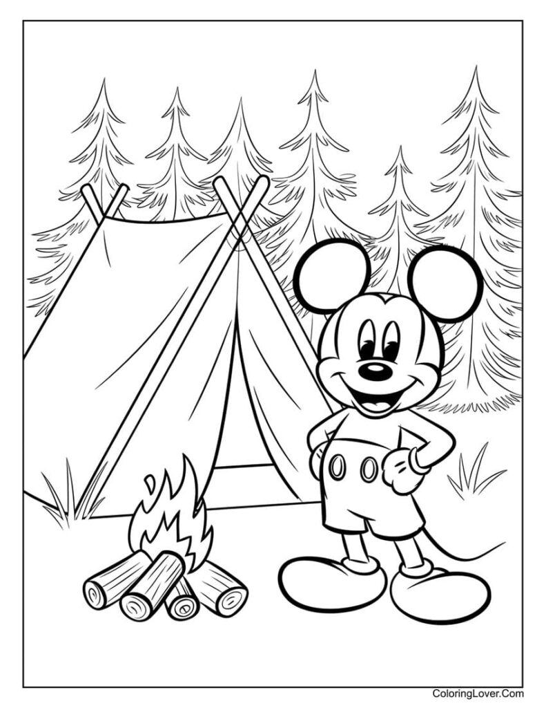 Cartoon mouse beside tent and campfire in forest