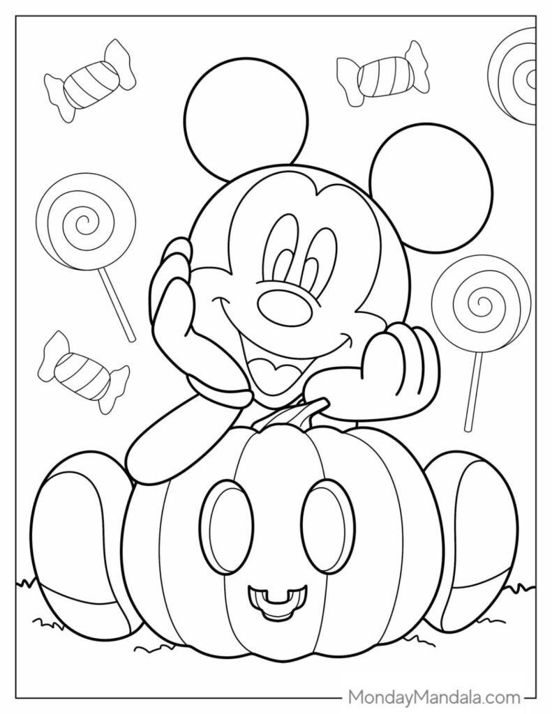 Mickey Mouse sitting on a smiling pumpkin with candies
