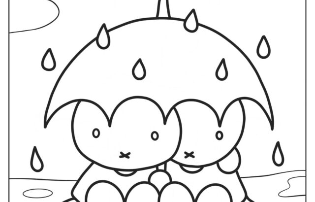 Two cartoon rabbits under an umbrella in rain