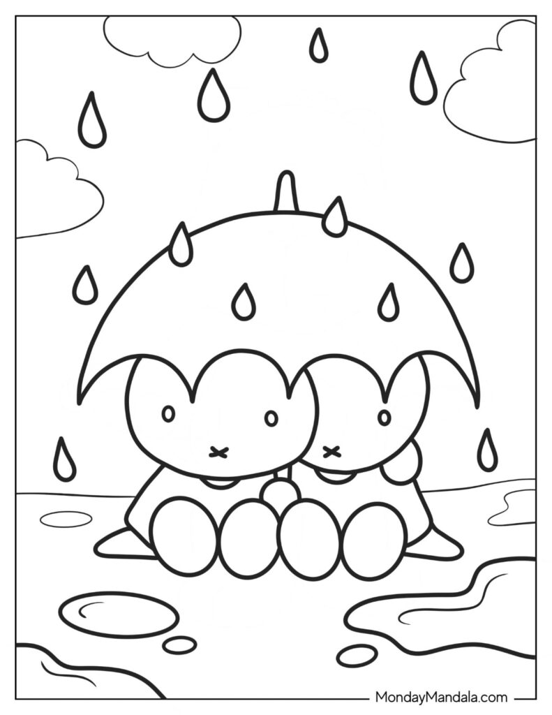 Two cartoon rabbits under an umbrella in rain