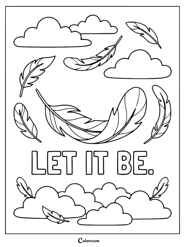 Black-and-white feather and cloud coloring page with text