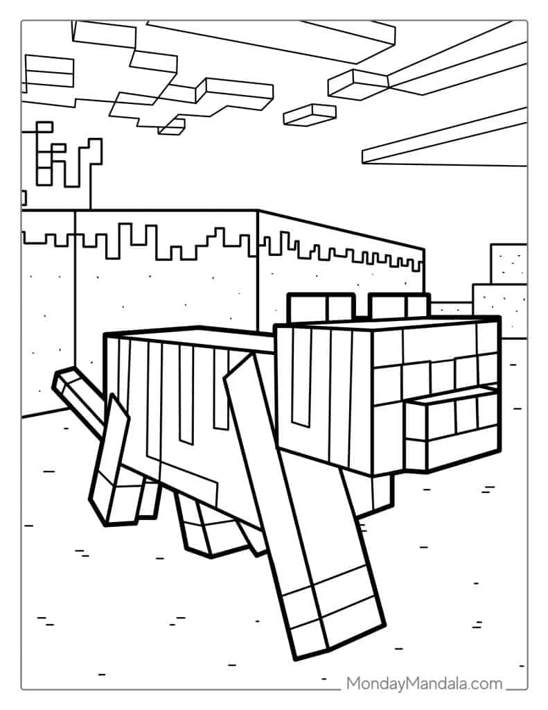 Minecraft-style blocky animal in desert landscape line art