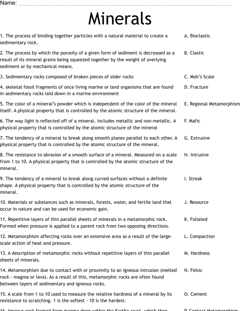 Minerals worksheet with definitions and matching terms