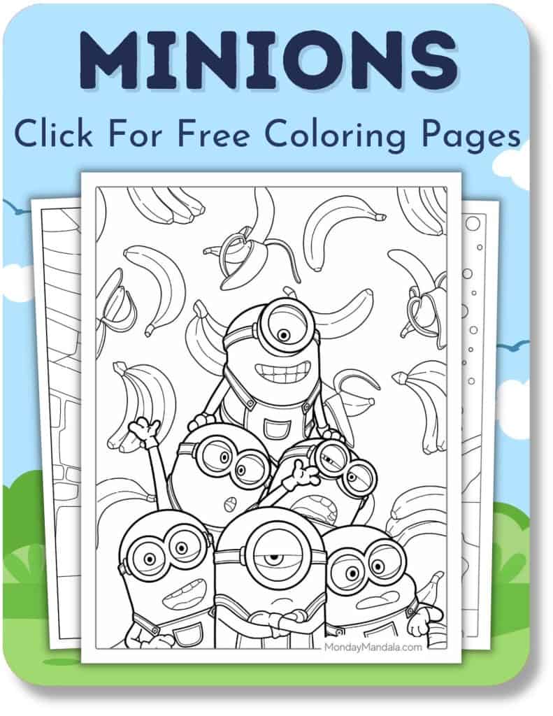Minions coloring pages poster with cartoon bananas
