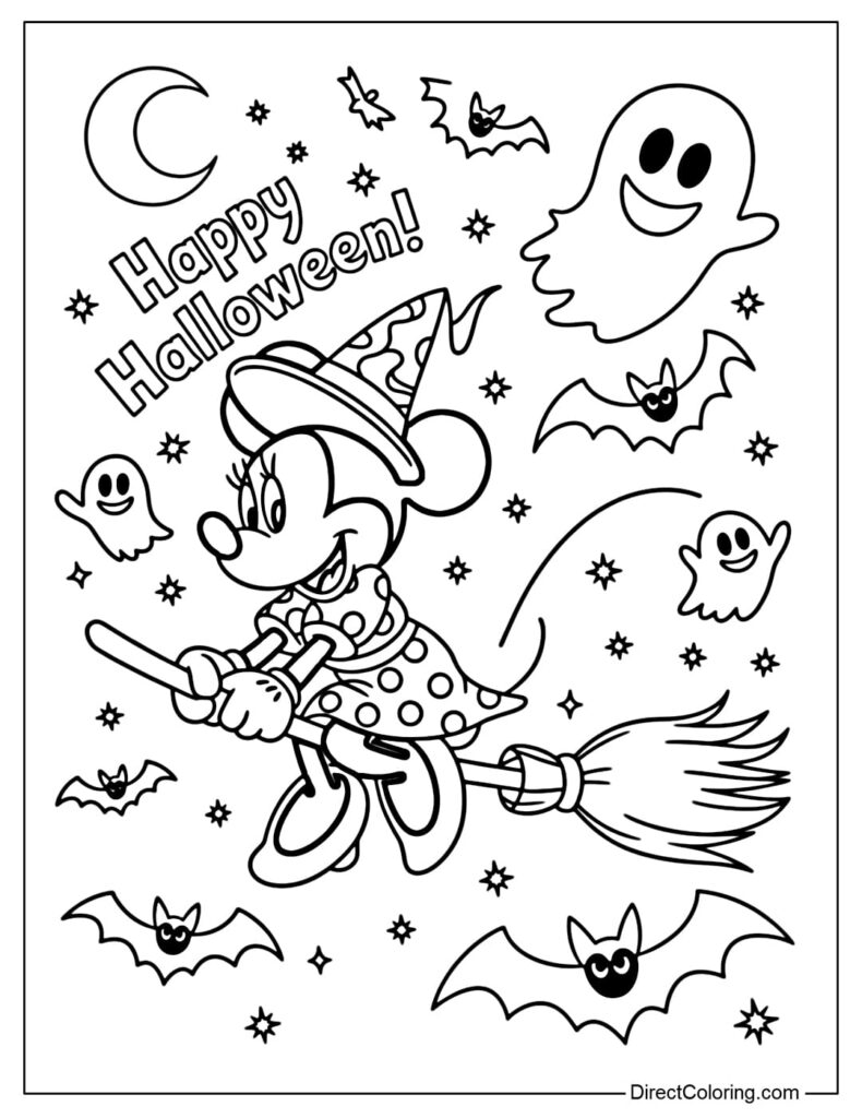 Minnie Mouse on broom with Halloween ghosts and bats