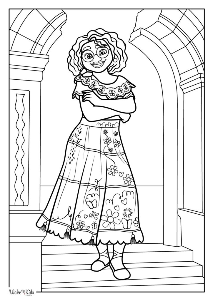 Black-and-white coloring page of smiling girl on steps