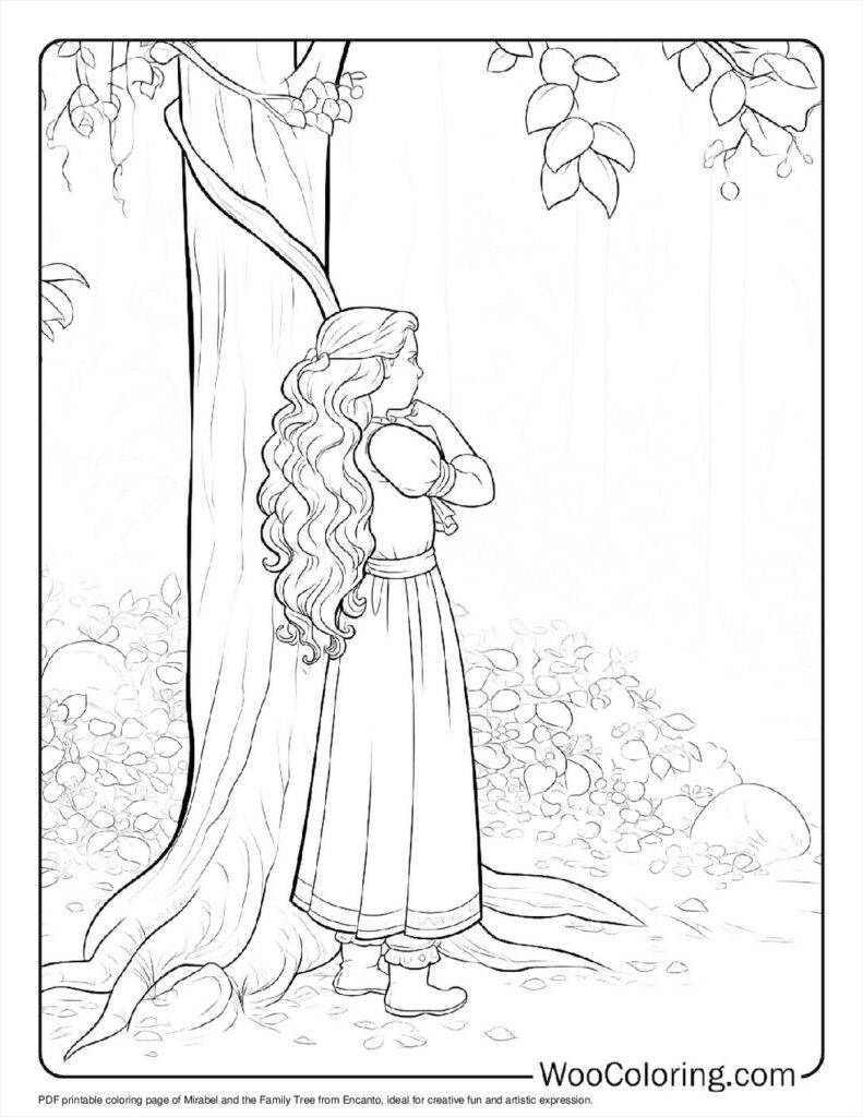 Girl standing by tree in forest coloring page