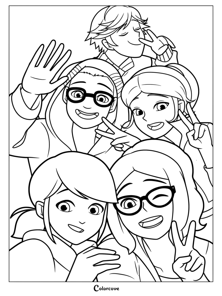 Line drawing of five smiling cartoon girls posing together
