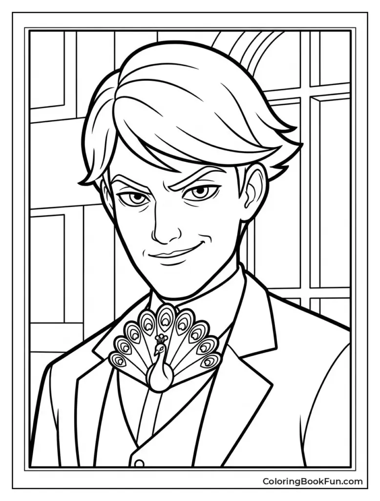 Black-and-white portrait of a young man in a suit, peacock brooch