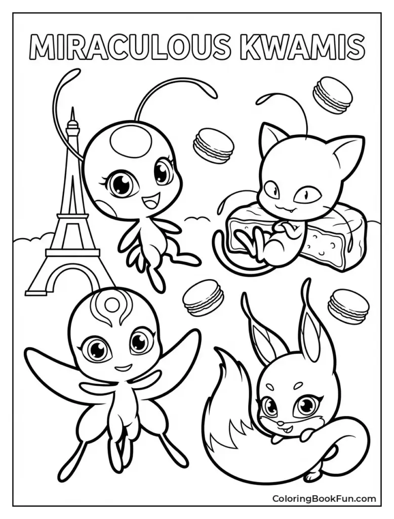 Miraculous Kwamis coloring page with four cartoon characters